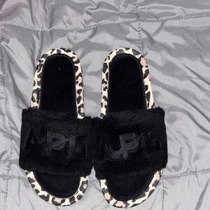 APL women’s Black Furry Slide Sandals with Leopard Trim